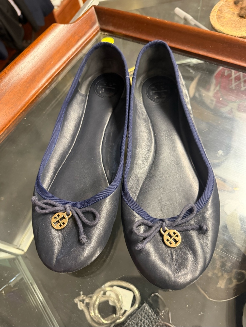Tory Burch Navy Leather Bow Ballet Flats with Gold Logo Charm